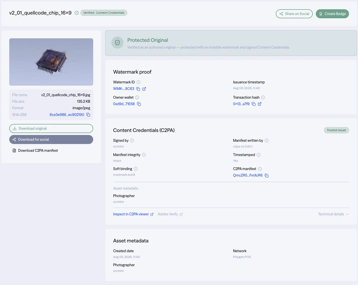 on:mint Web-App: Asset-Detailseite mit Watermark-Nachweis und Content Credentials