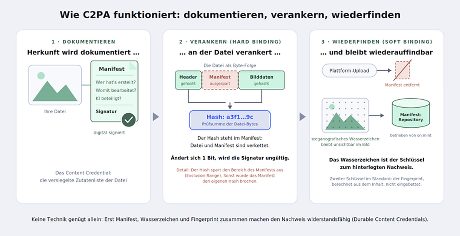 Schaubild: Wie C2PA funktioniert – dokumentieren, verankern, wiederfinden