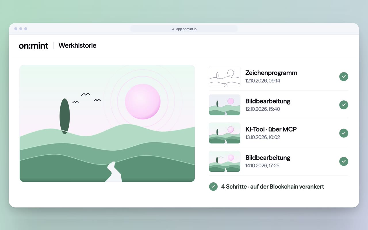 Werkhistorie in der on:mint-App: das fertige Bild, daneben vier gesicherte Schritte aus Zeichenprogramm, Bildbearbeitung und KI-Tool über MCP, in der Blockchain verankert.