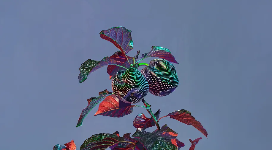 Bunte Blätter und Früchte gegen blauen Himmel