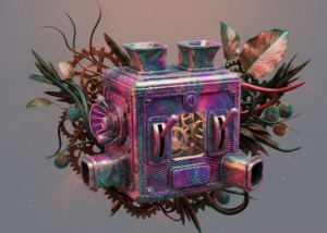 Symbolbild zu Software Escrow: stilisierter Tresor, umgeben von Pflanzen und Zahnrädern, als Metapher für den langfristigen Schutz geschäftskritischer Software